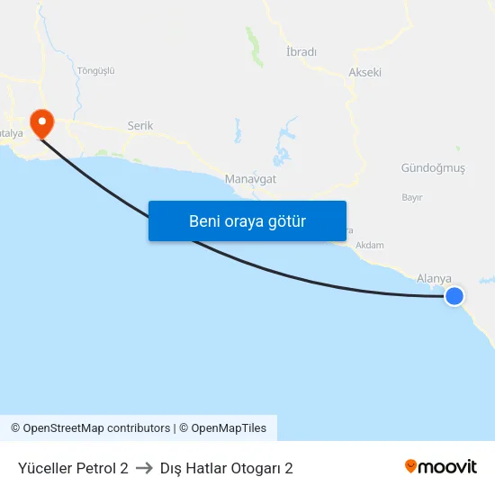 Yüceller Petrol 2 to Dış Hatlar Otogarı 2 map