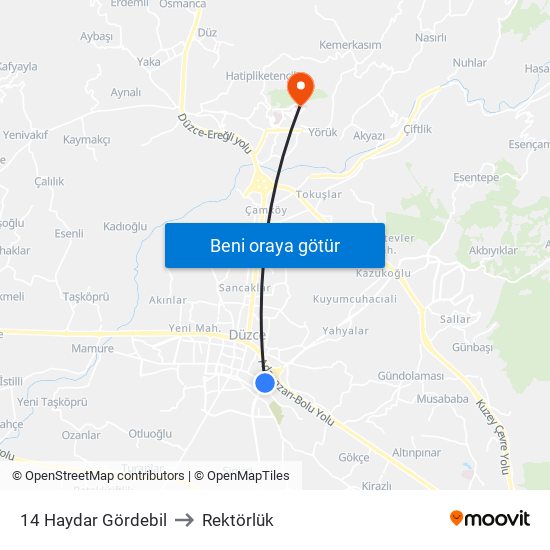 14 Haydar Gördebil to Rektörlük map