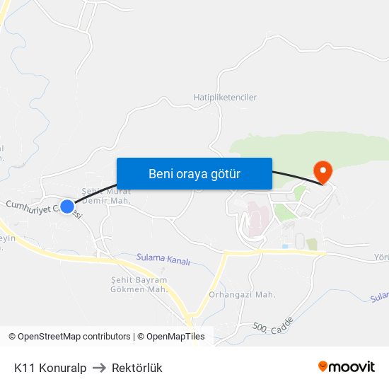 K11 Konuralp to Rektörlük map