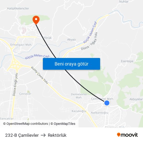 232-B Çamlievler to Rektörlük map