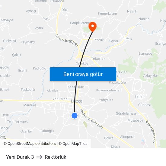 Yeni Durak 3 to Rektörlük map