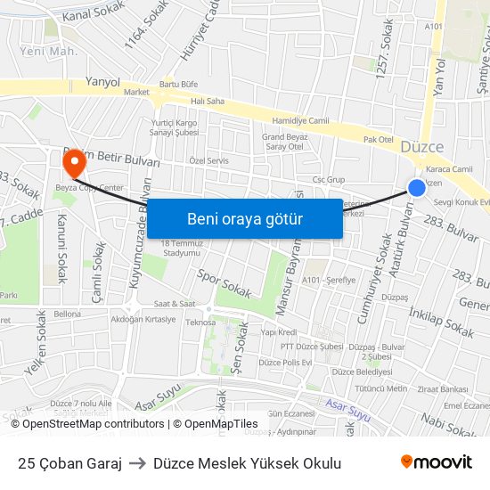 25 Çoban Garaj to Düzce Meslek Yüksek Okulu map