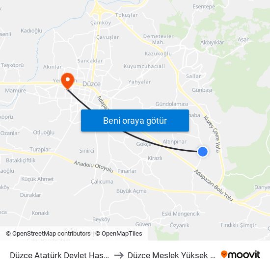 Düzce Atatürk Devlet Hastanesi to Düzce Meslek Yüksek Okulu map