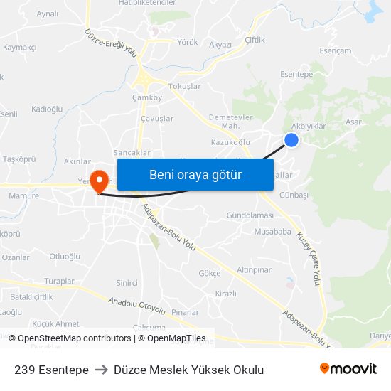 239 Esentepe to Düzce Meslek Yüksek Okulu map