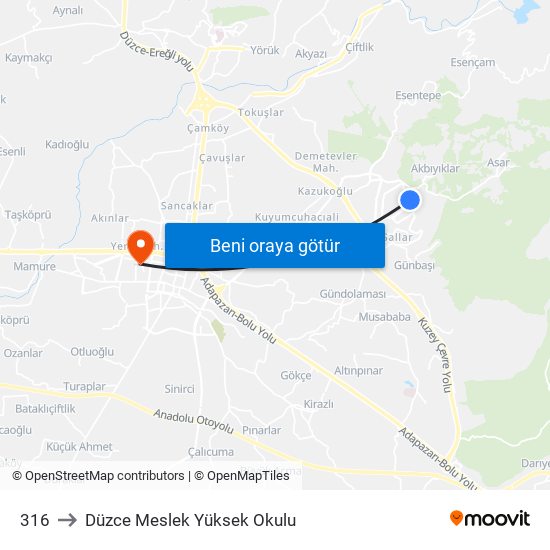 316 to Düzce Meslek Yüksek Okulu map