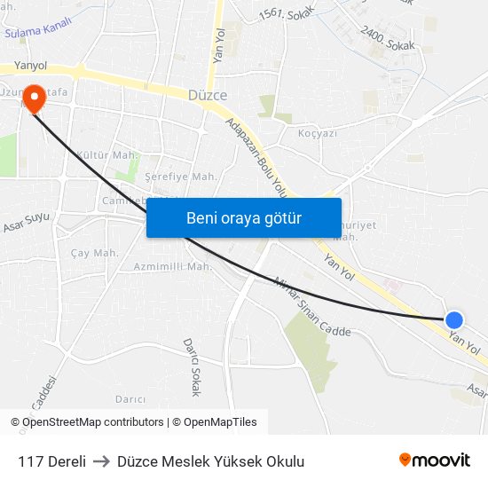 117 Dereli to Düzce Meslek Yüksek Okulu map