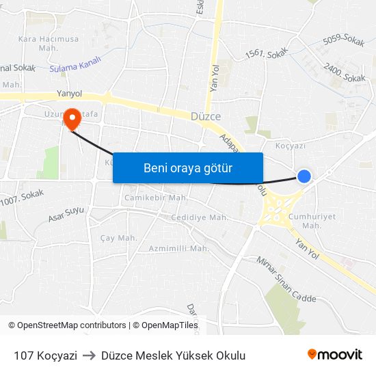 107 Koçyazi to Düzce Meslek Yüksek Okulu map