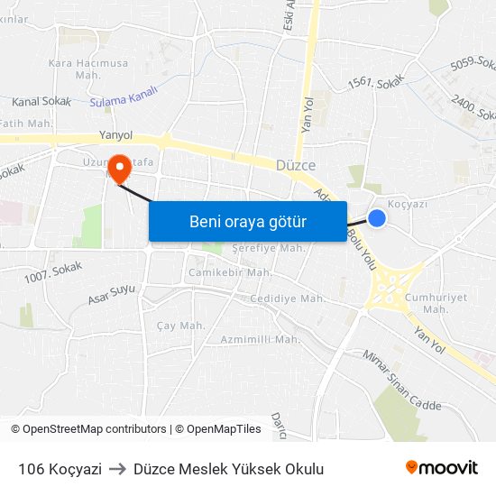 106 Koçyazi to Düzce Meslek Yüksek Okulu map