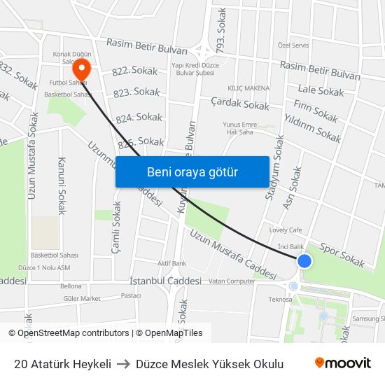 20 Atatürk Heykeli to Düzce Meslek Yüksek Okulu map