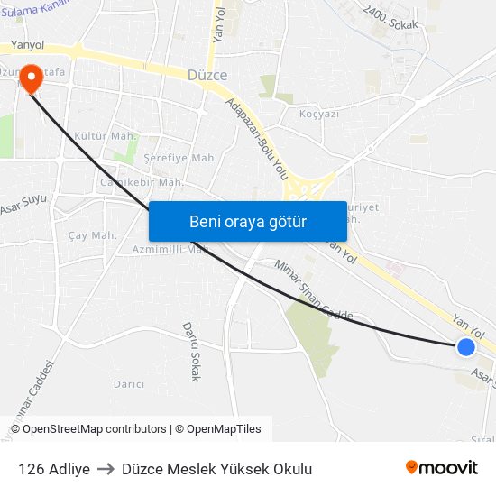 126 Adliye to Düzce Meslek Yüksek Okulu map