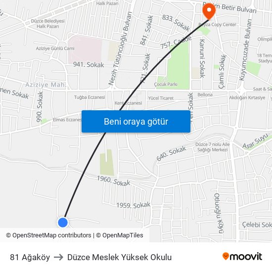 81 Ağaköy to Düzce Meslek Yüksek Okulu map