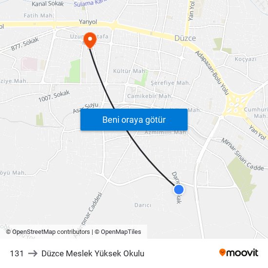 131 to Düzce Meslek Yüksek Okulu map