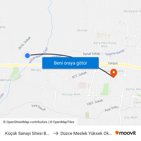 Küçük Sanayi Sitesi Bp 2 to Düzce Meslek Yüksek Okulu map