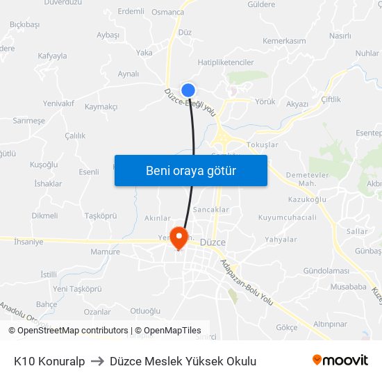 K10 Konuralp to Düzce Meslek Yüksek Okulu map
