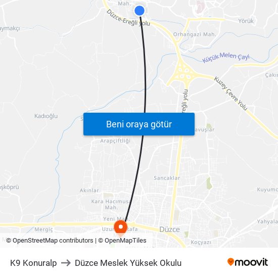 K9 Konuralp to Düzce Meslek Yüksek Okulu map
