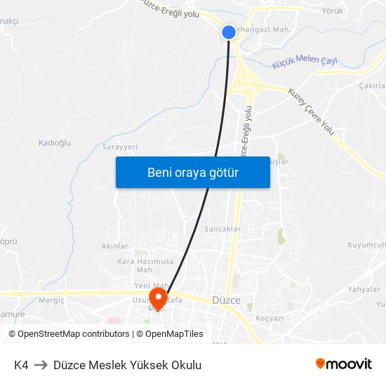 K4 to Düzce Meslek Yüksek Okulu map