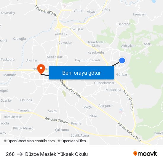 268 to Düzce Meslek Yüksek Okulu map