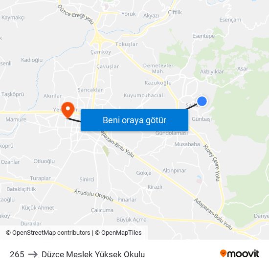 265 to Düzce Meslek Yüksek Okulu map