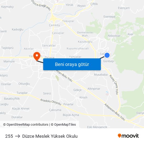 255 to Düzce Meslek Yüksek Okulu map