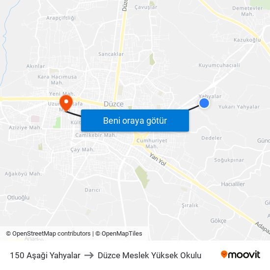 150 Aşaği Yahyalar to Düzce Meslek Yüksek Okulu map