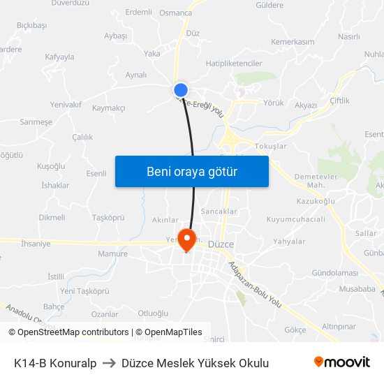 K14-B Konuralp to Düzce Meslek Yüksek Okulu map