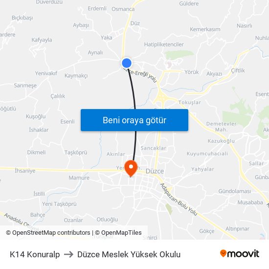 K14 Konuralp to Düzce Meslek Yüksek Okulu map