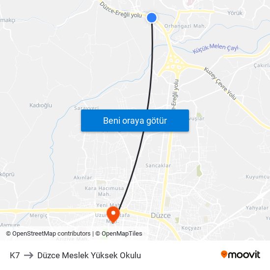 K7 to Düzce Meslek Yüksek Okulu map