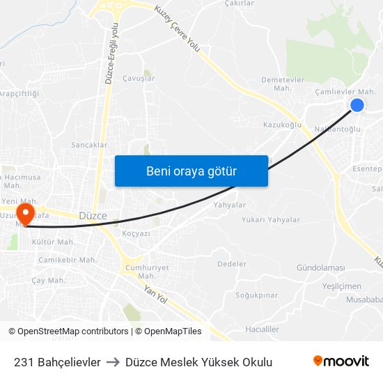 231 Bahçelievler to Düzce Meslek Yüksek Okulu map