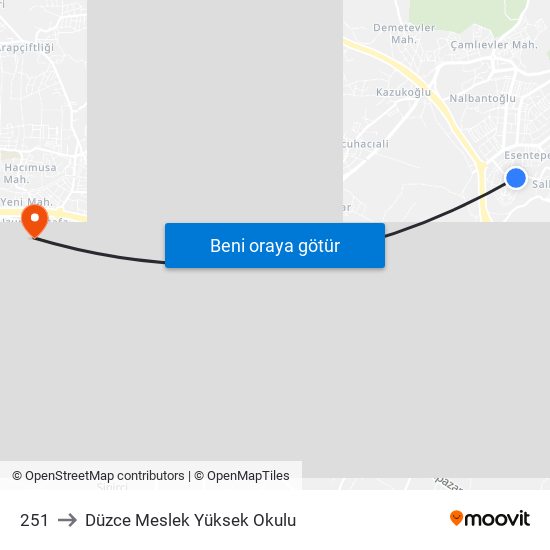 251 to Düzce Meslek Yüksek Okulu map