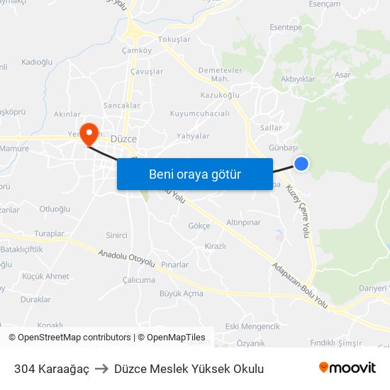 304 Karaağaç to Düzce Meslek Yüksek Okulu map