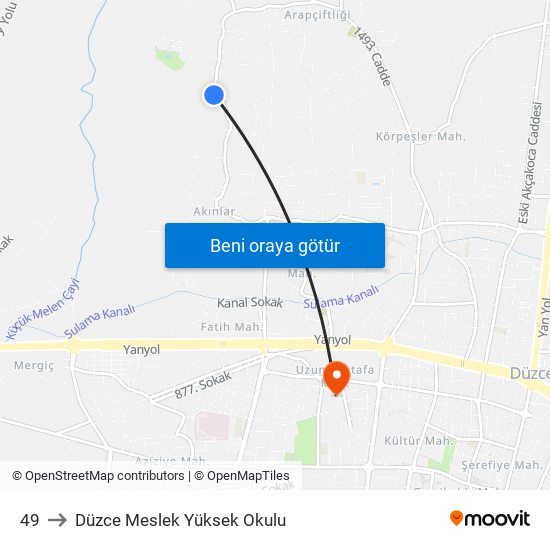 49 to Düzce Meslek Yüksek Okulu map