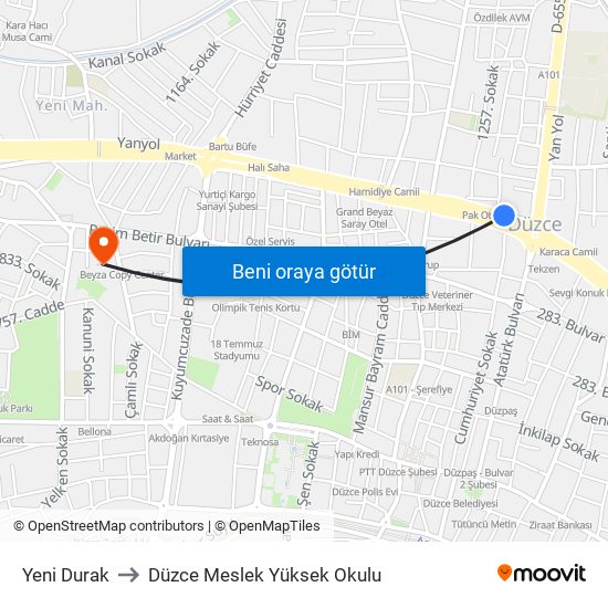 Yeni Durak to Düzce Meslek Yüksek Okulu map