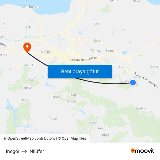 İnegöl to Nilüfer map