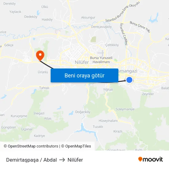 Demirtaşpaşa / Abdal to Nilüfer map