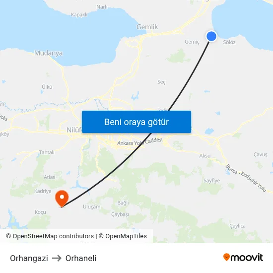 Orhangazi to Orhaneli map