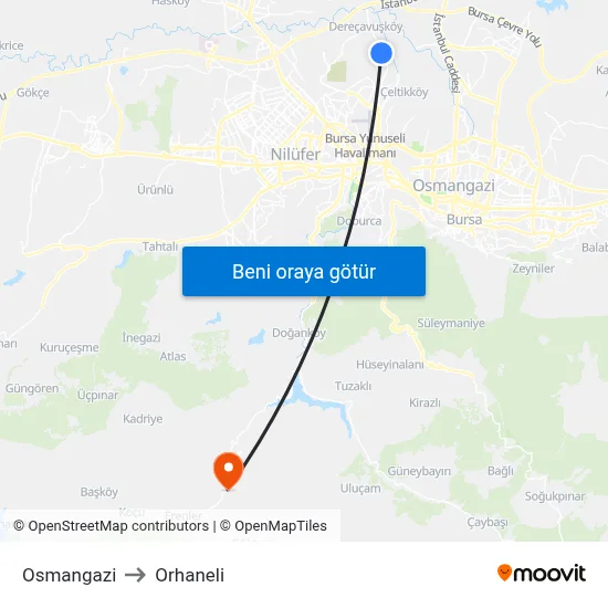 Osmangazi to Orhaneli map