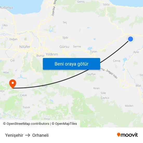Yenişehir to Orhaneli map
