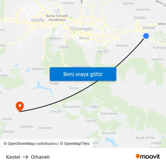 Kestel to Orhaneli map