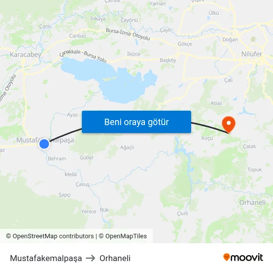 Mustafakemalpaşa to Orhaneli map