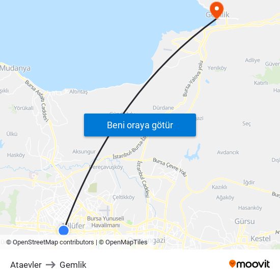 Ataevler to Gemlik map