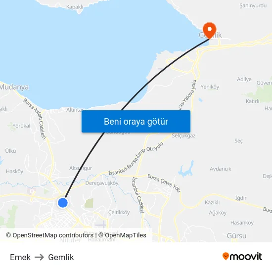 Emek to Gemlik map
