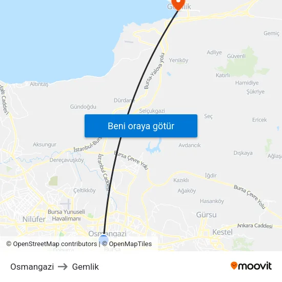 Osmangazi to Gemlik map