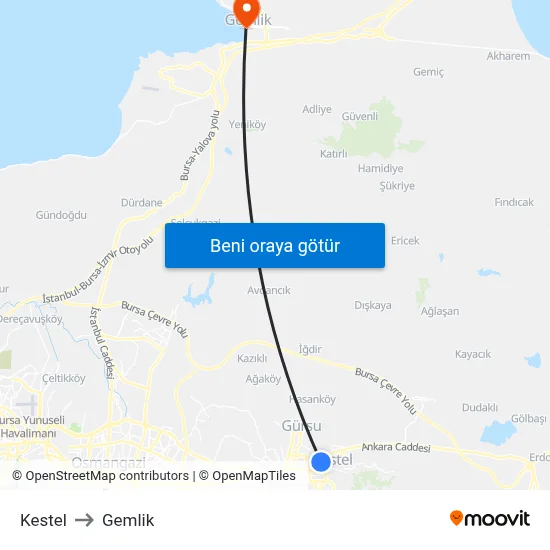 Kestel to Gemlik map