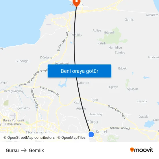 Gürsu to Gemlik map