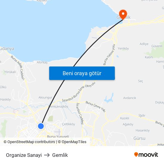 Organize Sanayi to Gemlik map