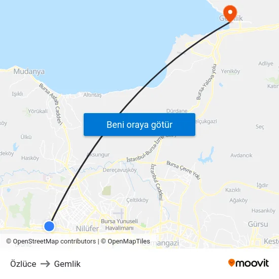 Özlüce to Gemlik map