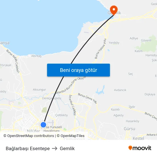 Bağlarbaşı Esentepe to Gemlik map
