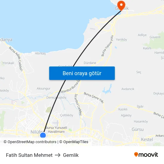 Fatih Sultan Mehmet to Gemlik map