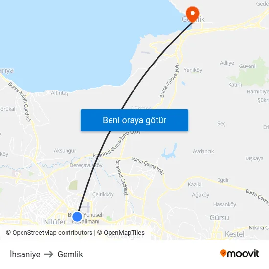 İhsaniye to Gemlik map