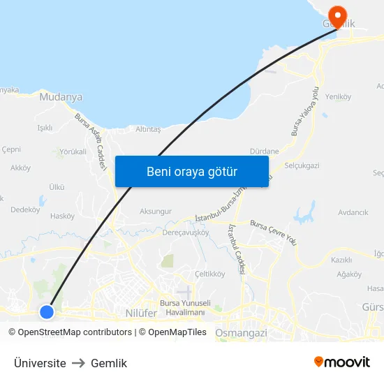 Üniversite to Gemlik map